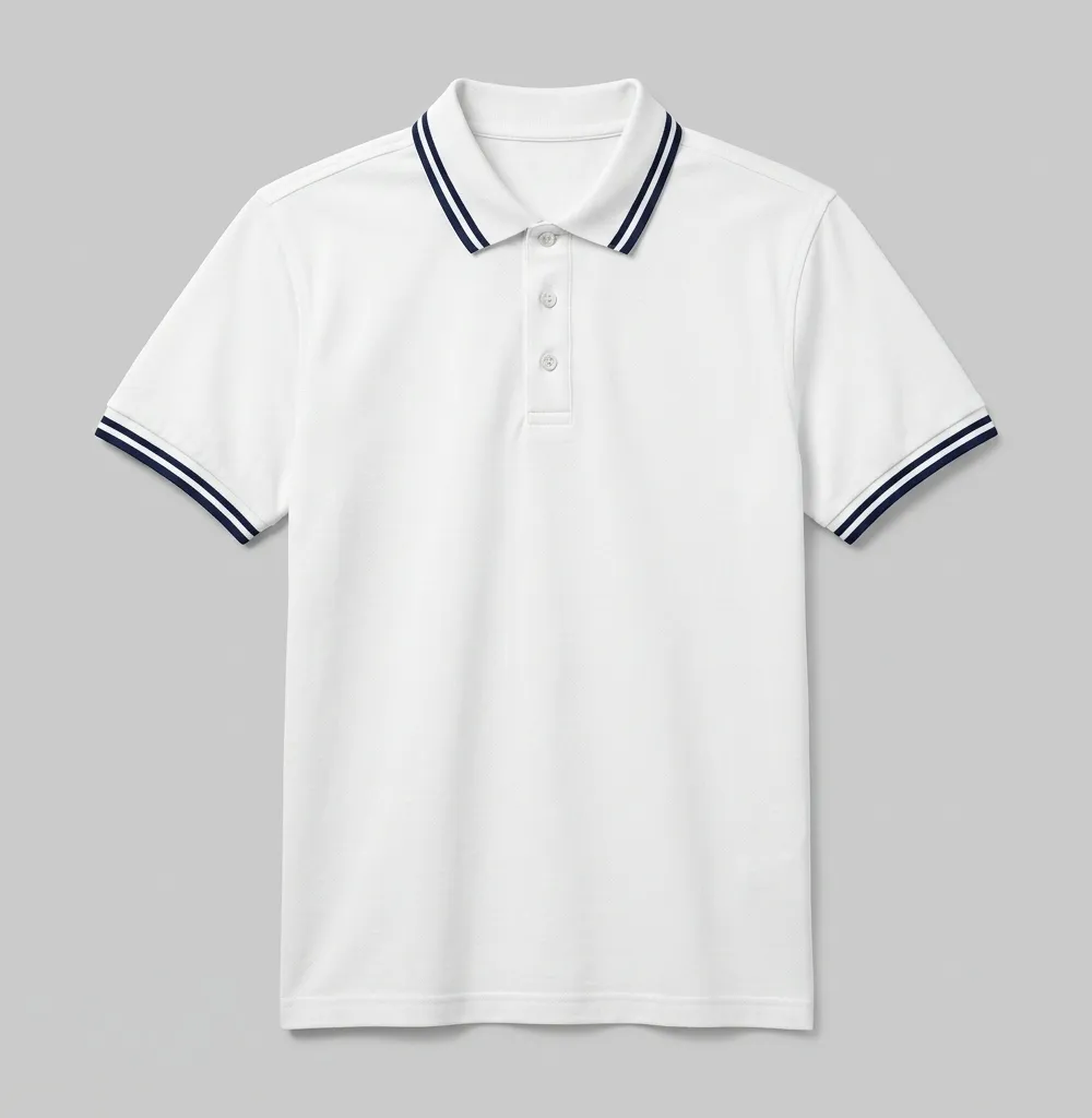 เสื้อโปโลสไตล์สปอร์ตสีขาวแต่งขลิบกรมท่า ตัวอย่างงานผลิตคุณภาพ